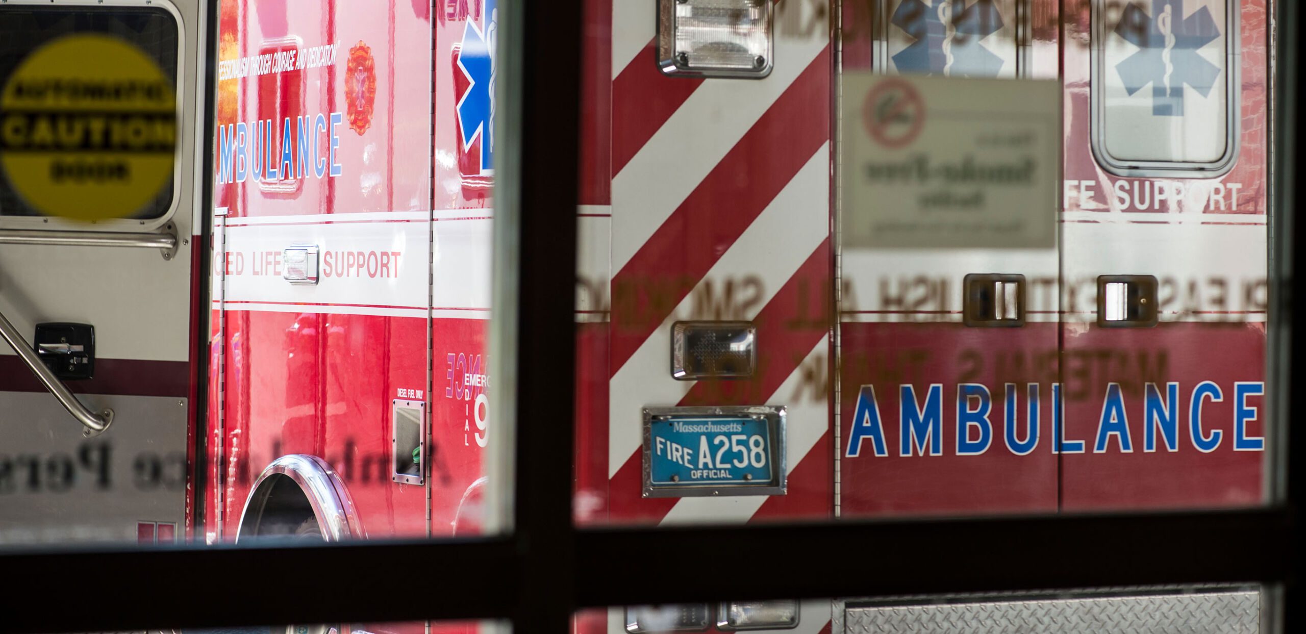 Ambulance parked in Emergency Department ambulance bay at Cooley Dickinson Hospital, 30 Locust Street, Northampton, MA 01060.