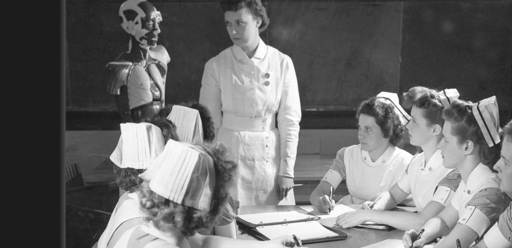 Nurses study human skeleton, Cooley Dickinson Hospital, 30 Locust Street, Northampton, MA 01060.