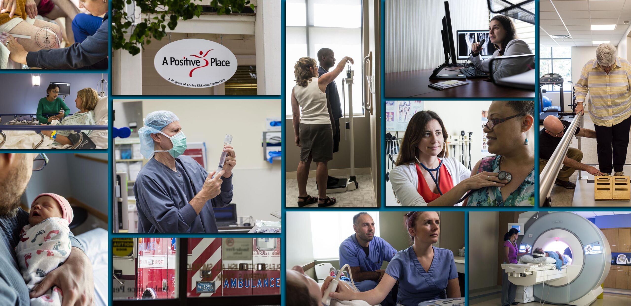 Photo montage showing programs, services, providers, and facilities provided by the Cooley Dickinson Health Care system, Northampton, MA 01060.