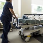 Nurse rushes patient on gurney through corridor at the Emergency Department, Cooley Dickinson Hospital, 30 Locust Street, Northampton, MA 01060.