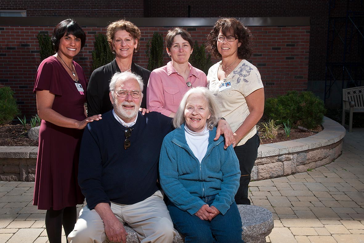 Stroke victim Heidi Allen with her husband John and members of the Cooley Dickinson Hospital Emergency and Rehabilitation Services departments, Northampton, MA 01060.