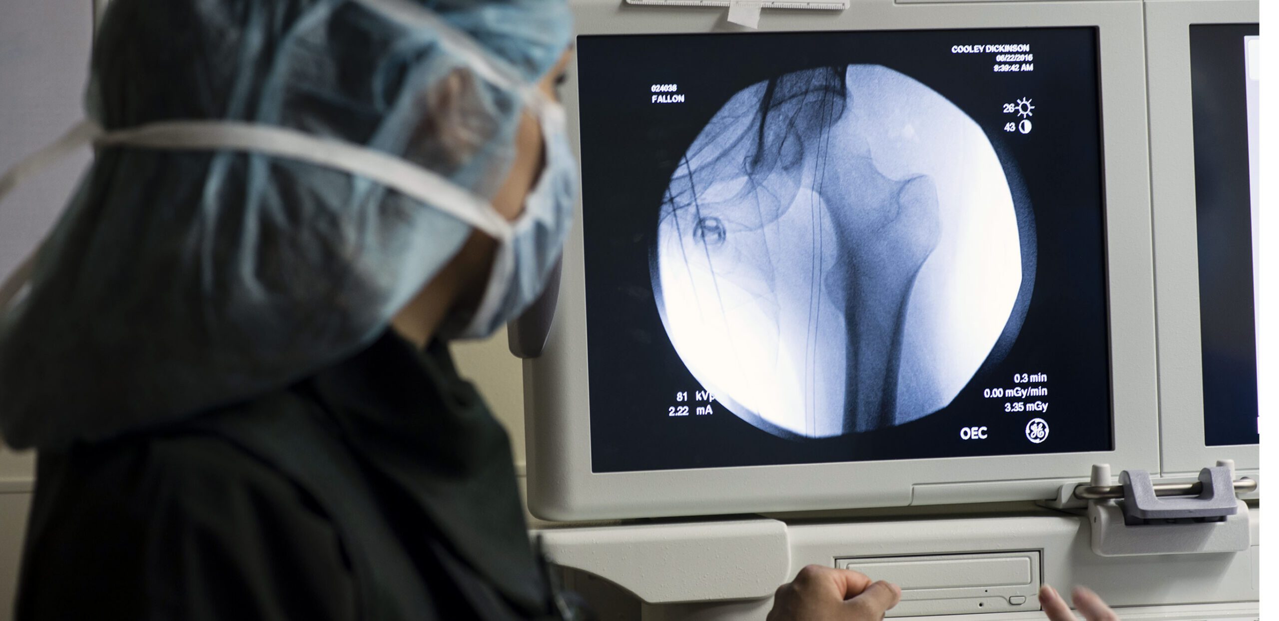 Surgeon performing minimally invasive surgery on patient's hip joint at the Kittredge Surgery Center, Cooley Dickinson Hospital, 30 Locust Street, Northampton, MA 01060.