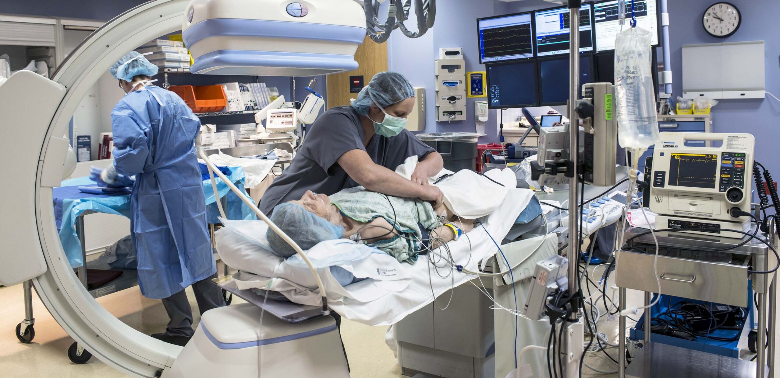 Nurse prepares patient for a procedure in the cardiovascular suite at Cooley Dickinson Hospital, Northampton, MA 01060.