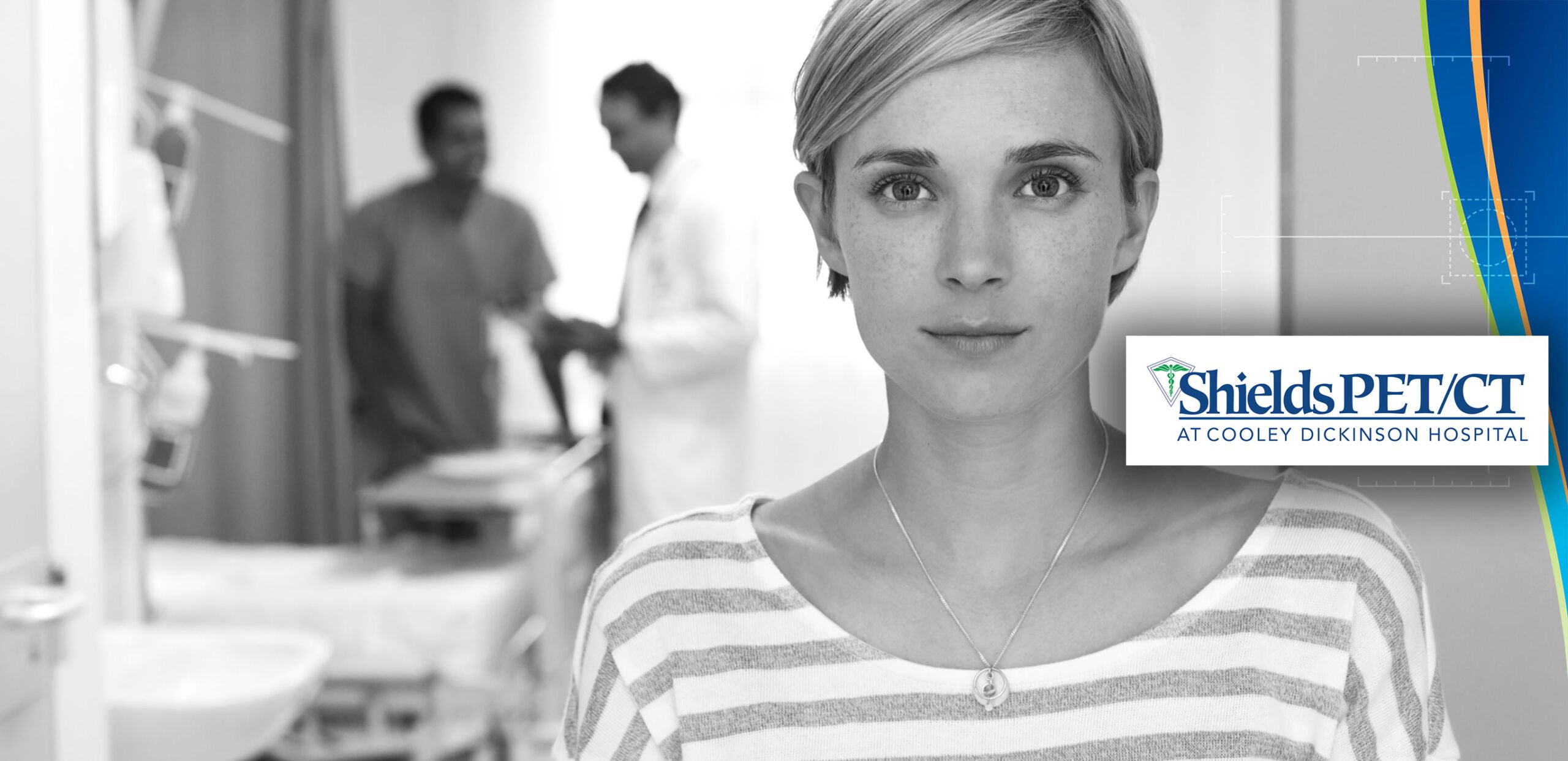 Woman with doctors in background, Shields PET/CT (Positron Emission Tomography/Computed Tomography) at Cooley Dickinson Hospital, 30 Locust Street, Northampton, MA 01060.