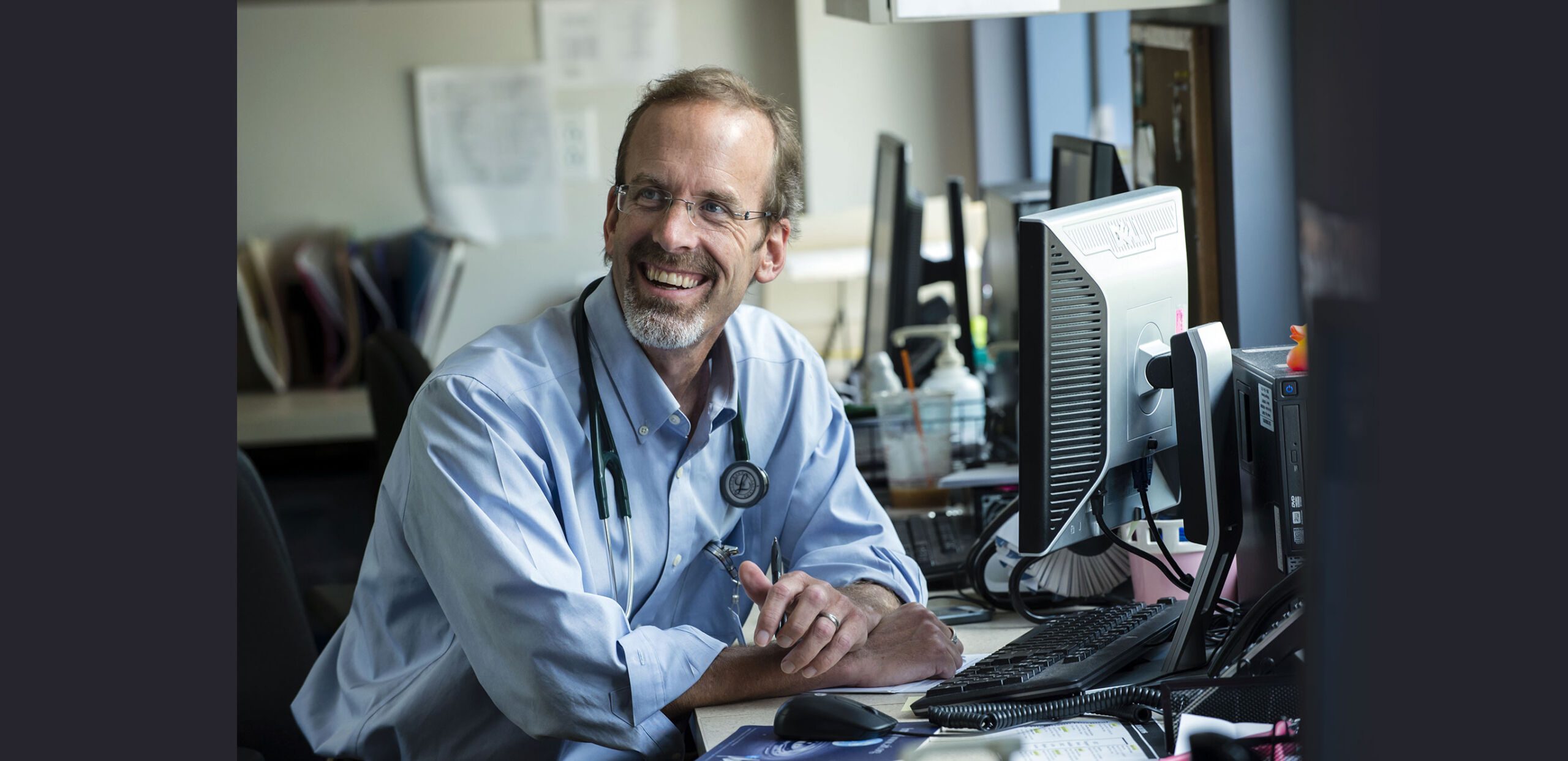 Peter Elsea, MD, at a workstation at Northampton Family Medicine, 22 Atwood Drive, Northampton, MA 01060.