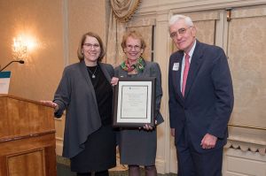 Representative Ellen Story, center, with Cooley Dickinson Health Care President and CEO Joanne Marqusee and Sanford Belden, Vice Chair, Cooley Dickinson Board of Trustees