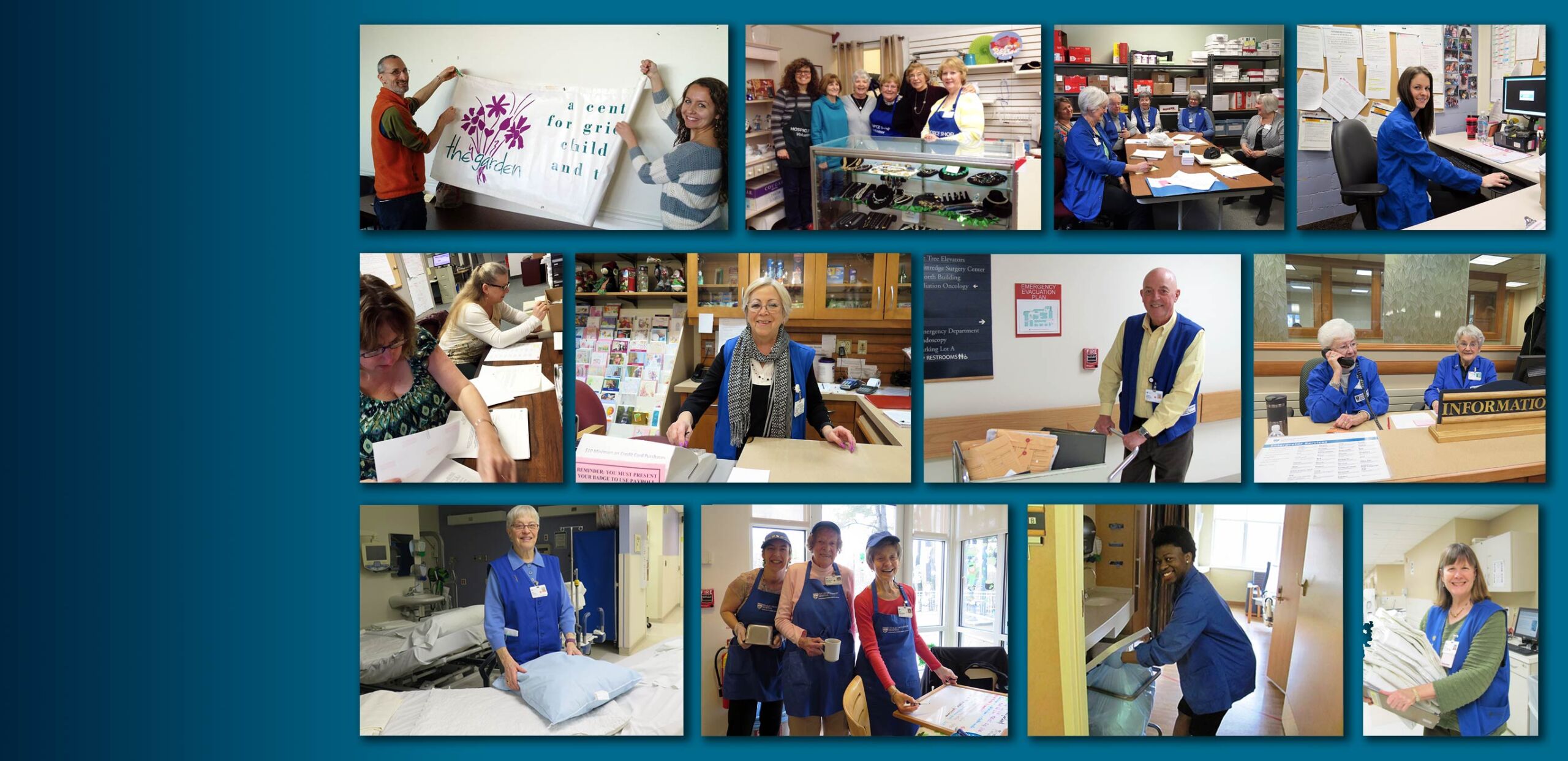 Collage of photos featuring volunteers at Cooley Dickinson Hospital, 30 Locust Street, Northampton, MA 01060.