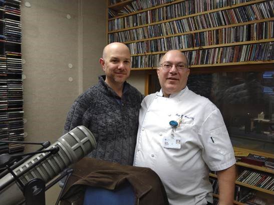 Cooley Dickinson Executive Chef Gary Weiss with 93.9 The River's Monte Belmonte, at thre WRSI studios in Northampton. Gary was interviewed about healthy local food initiatives along with CISA Executive Director Philip Korman.