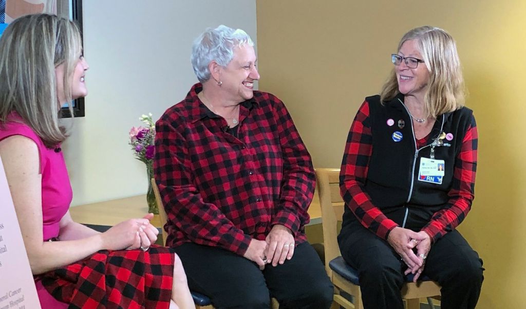 babs on WWLP's Mass Appeal television show, with Oncology nurse Karen Gunther-Nesbitt of the Mass General Cancer Center at Cooley Dickinson Hospital.