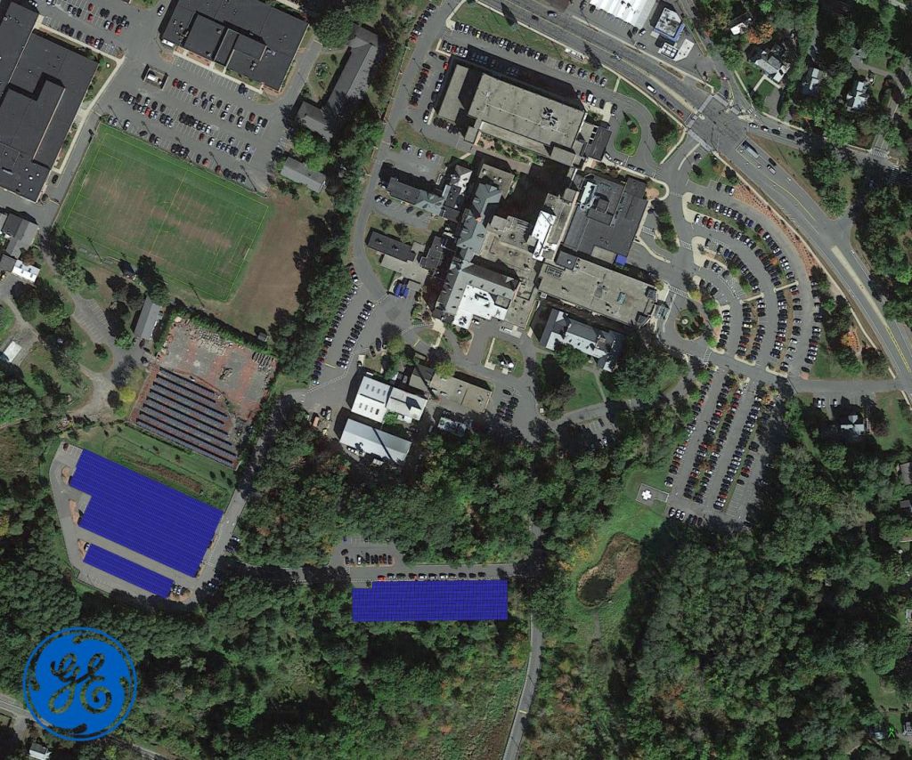 Proposed location of solar canopies, superimposed on an aerial view of the Cooley Dickinson Hospital main campus.