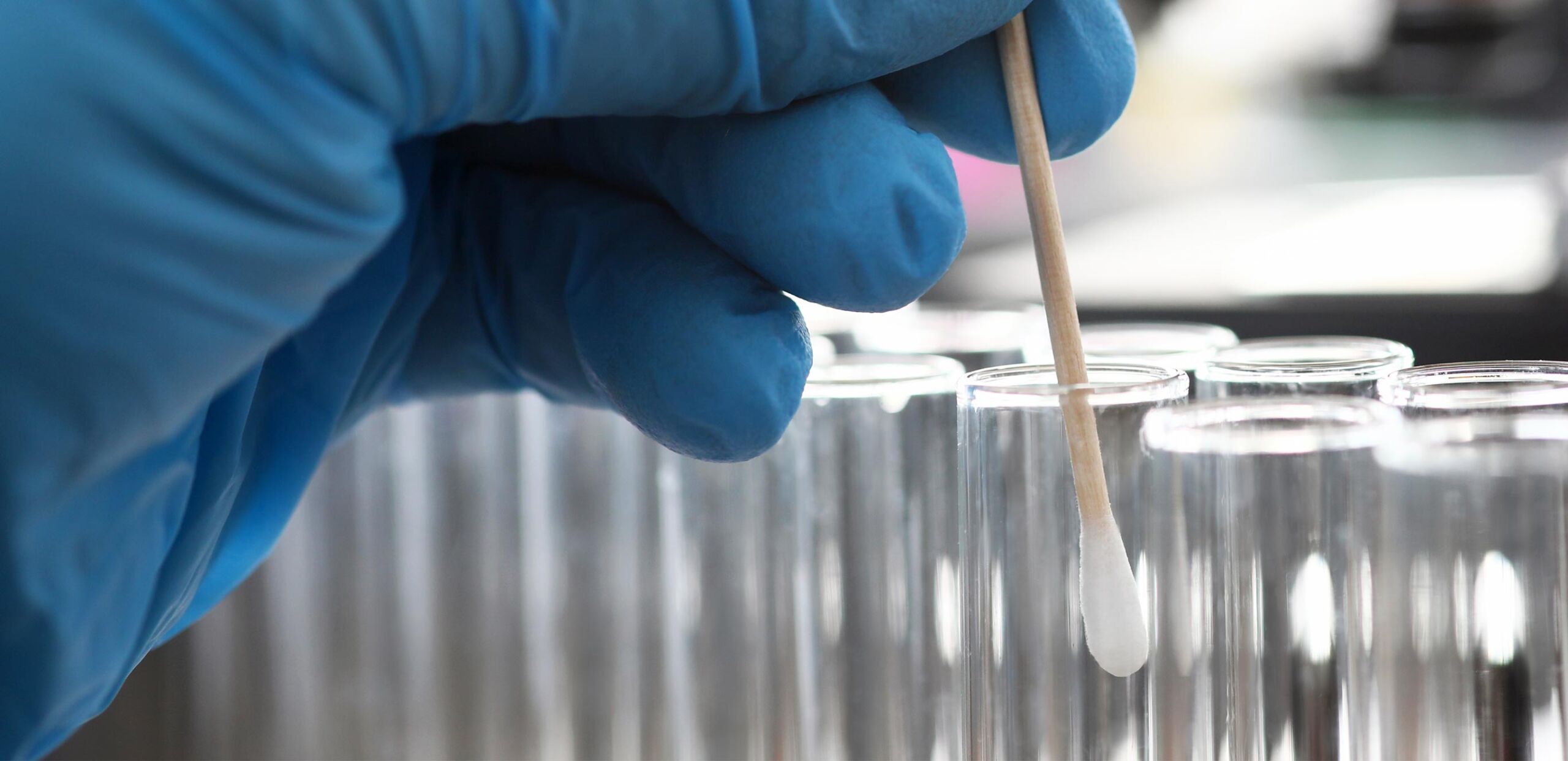 Gloved hand placing a cotton swab in a clear tube.