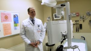 Cooley Dickinson Chief of Emergency Medicine Robert Redwood, MD, MPH has the ability to use telehealth equipment to communicate in real time with stroke specialists at Mass General Hospital.
