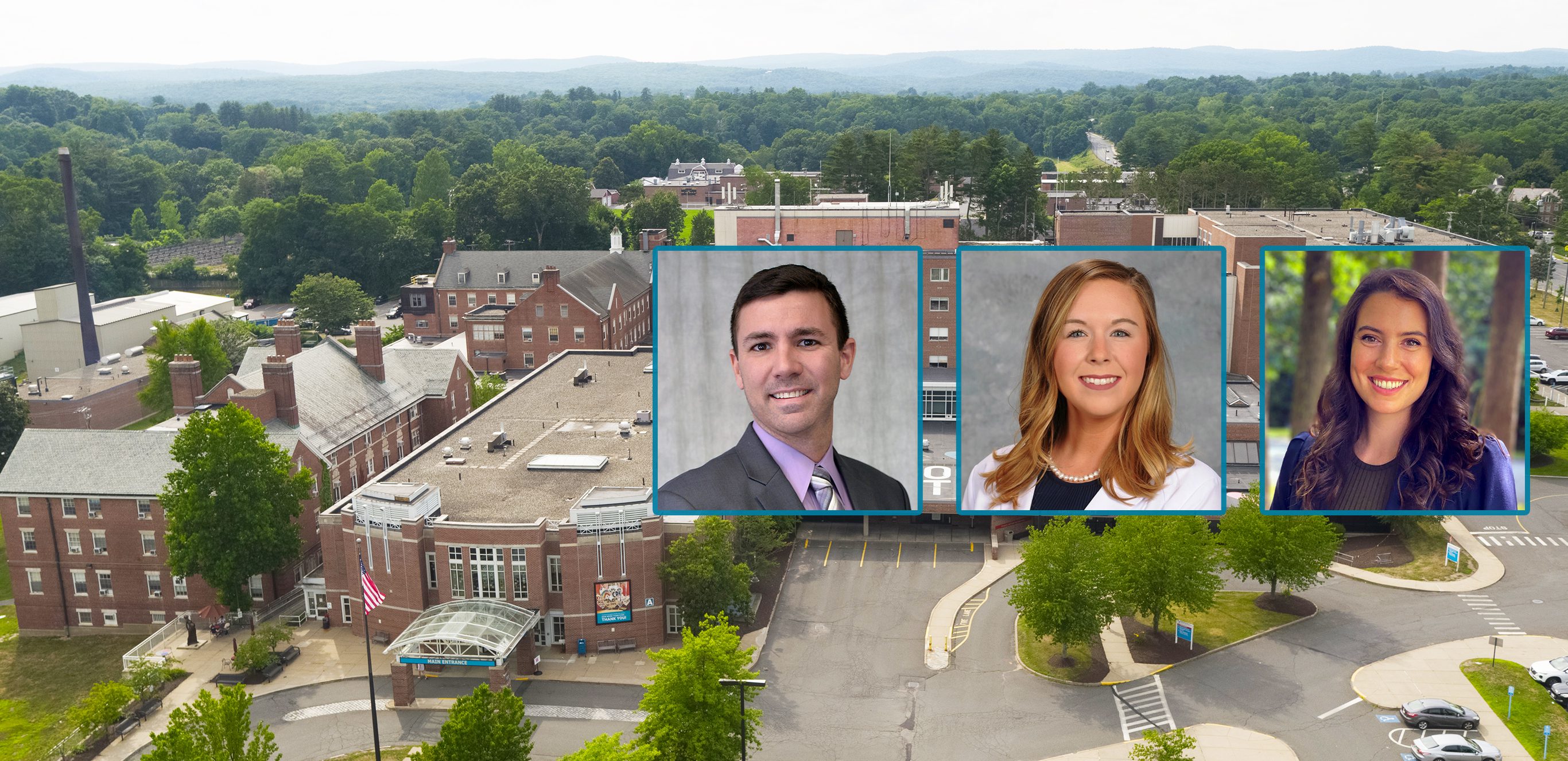 Headshots of Plastic and Reconstructive Surgeon Brian Pryor and PAs Taylor Cohen and Miah DiGregorio over an aerial shot of the hospital