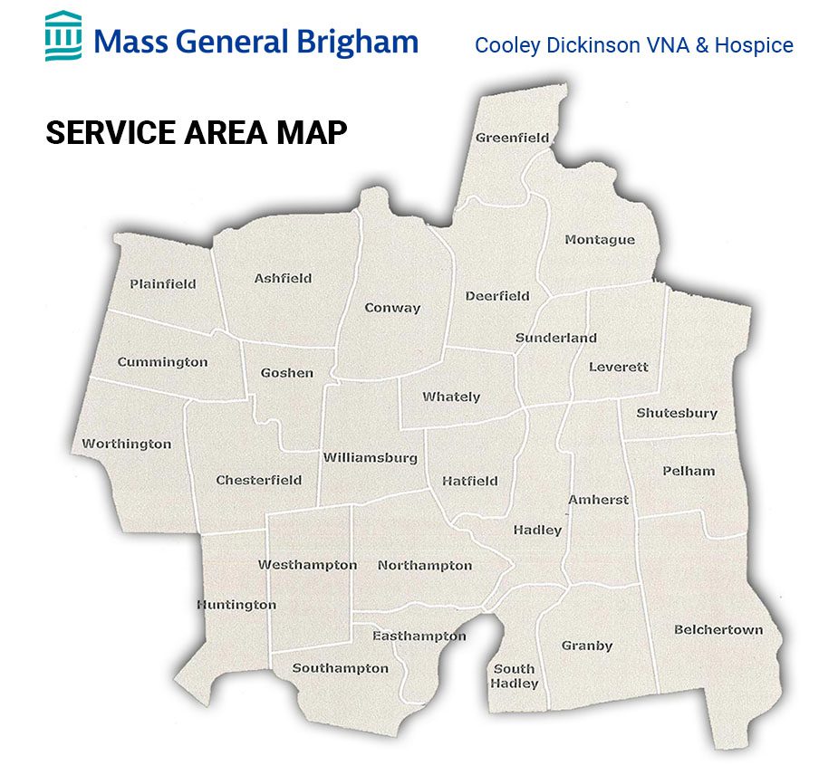 Graphic of a map showing the towns served by Cooley Dickinson VNA & Hospice