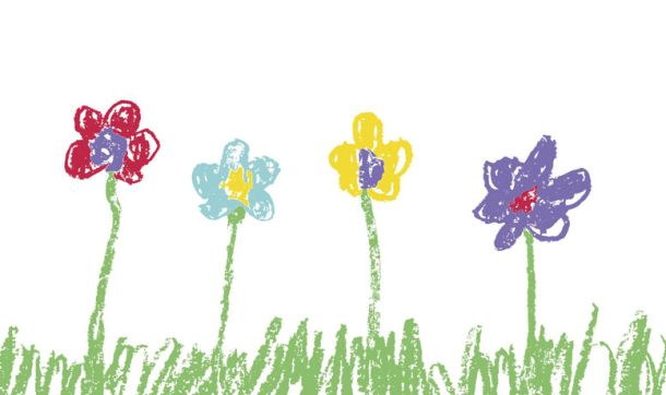 Childlike crayon drawing of flowers