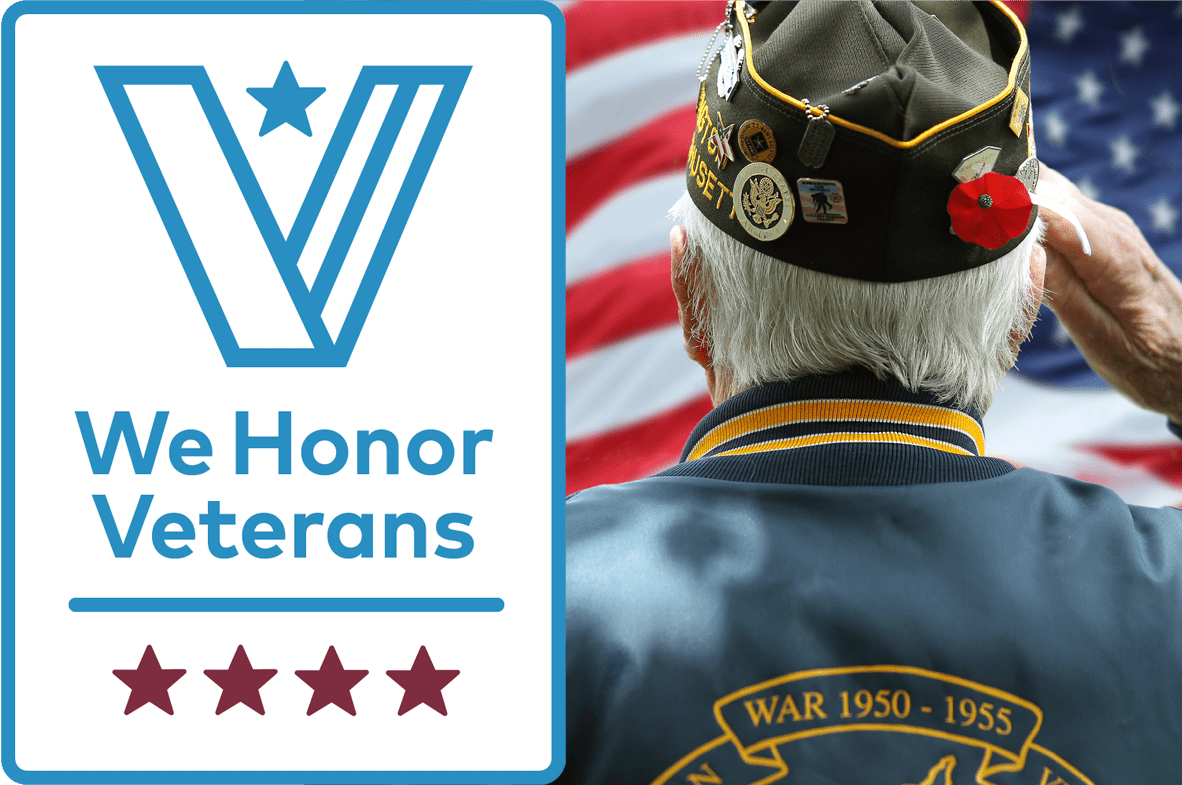 We Honor Veterans logo next to the image of the back of a saluting man.