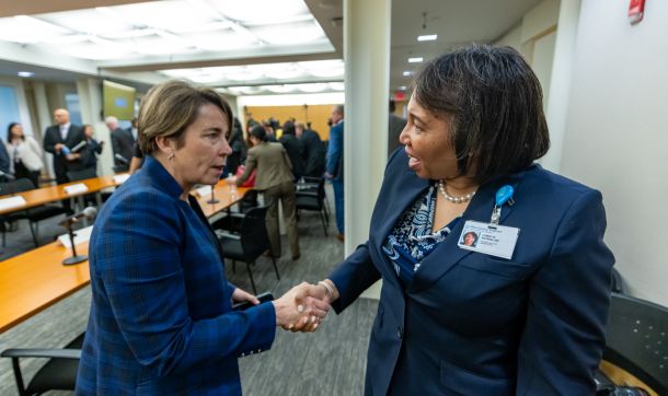 MA Governor Maura Healey (left) with Cooley Dickinson Hospital president and chief operating officer Lynnette Watkins